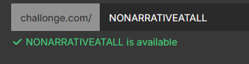 A Challonge screenshot showing the URL "NO NARRATIVE AT ALL" (without spaces) is available.